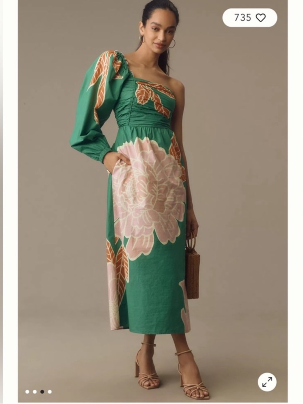 Farm Rio Green One-Shoulder Floral Midi Dress